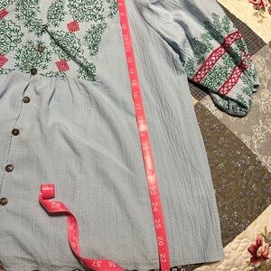 SHEIN Light Blue Tunic with Red and Green Embroidery